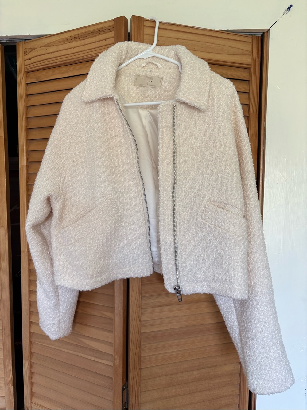 Cream Bouclé Wool Blend Zip-Front Jacket